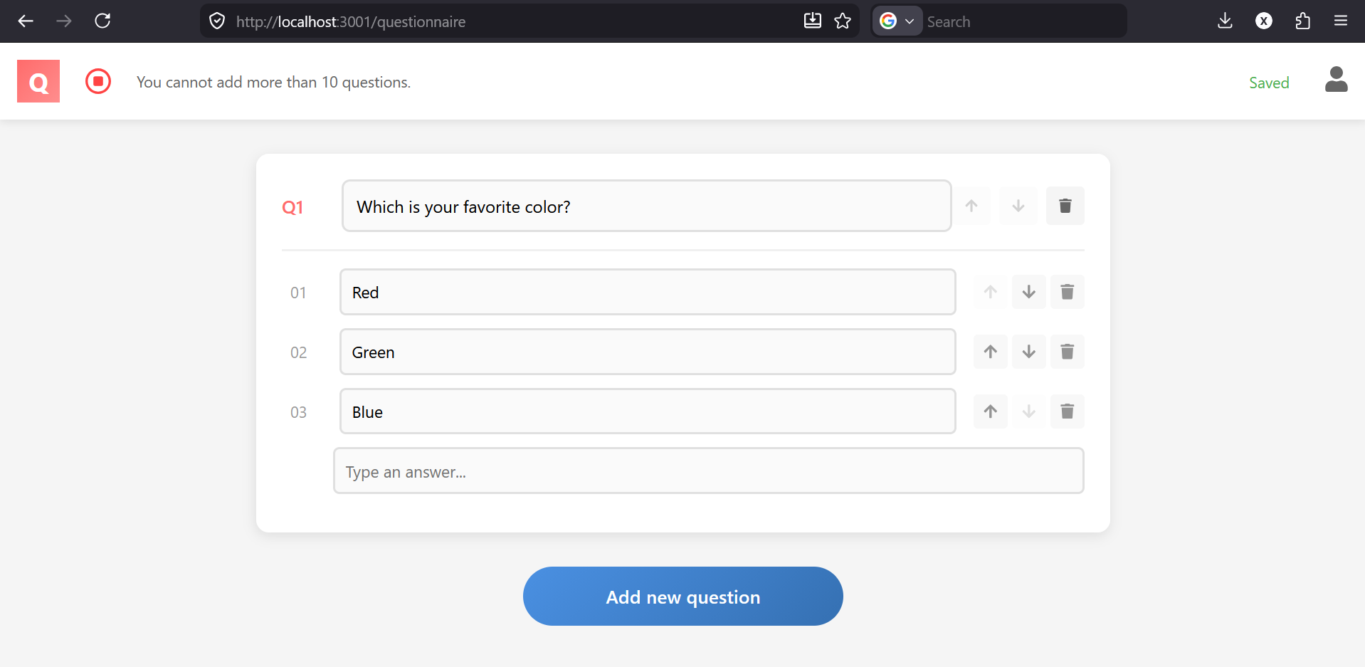 Questionnaire App Main Screen